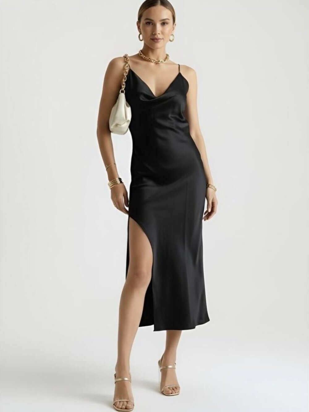 Zara Ruched Side Satin Effect Slip Dress Black XS NWT - Picture 2 of 11